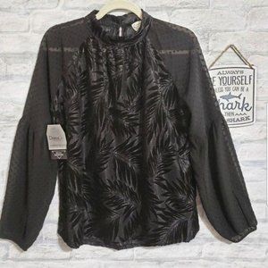 Love Riche Womens black velvet burnout top blouse sheer arms sz S NEW‎